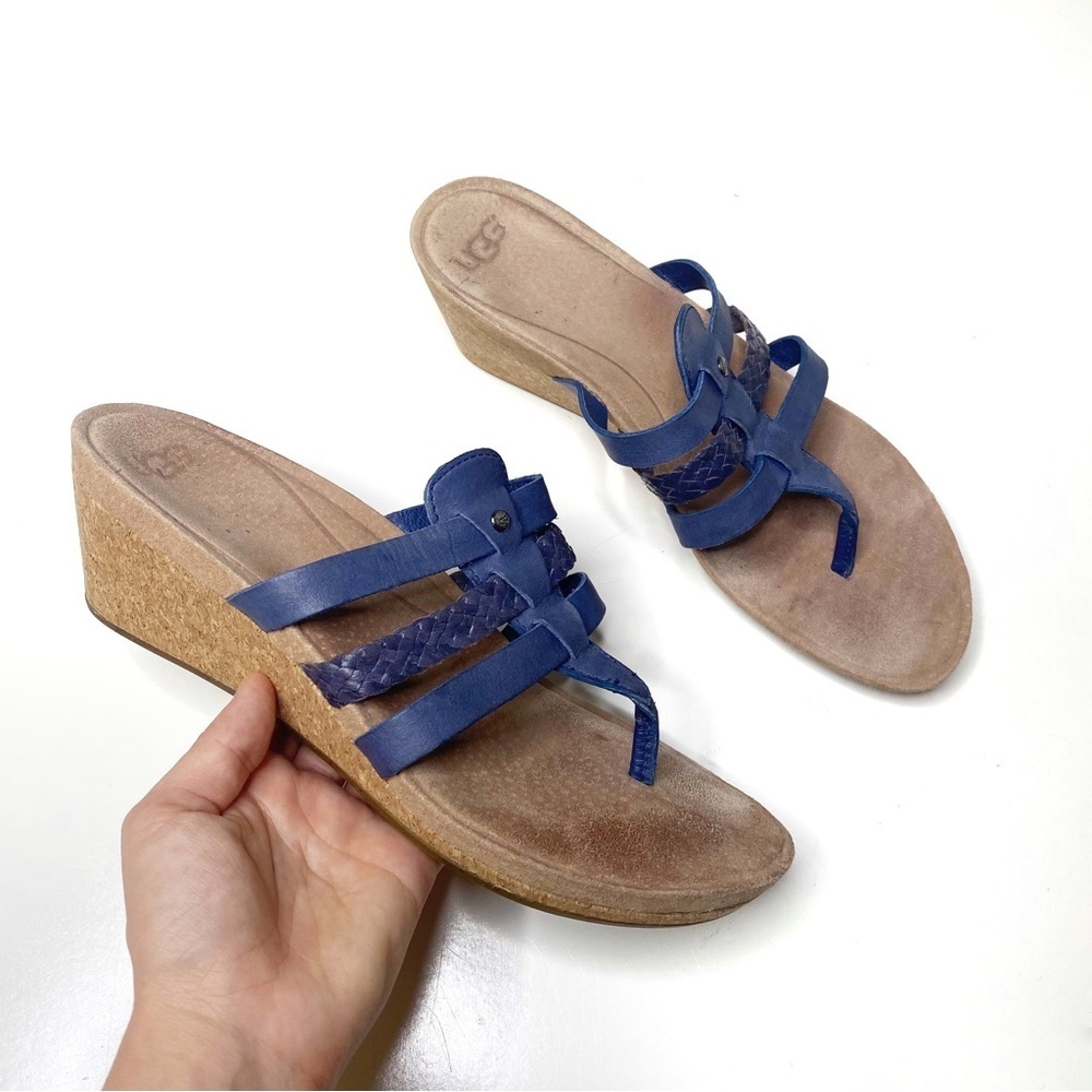 UGG Maddie Wedge Sandals Blue Leather Cork Platform Comfort Thong 8.5